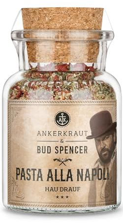 Ankerkraut Pasta alla Napoli, Bud Spencer Edition, Mischung würzender Zutaten für Pasta, mit Tomatenchips, Meersalz, Knoblauch, Basilikum, Oregano und Pfeffer, 95 g im Korkenglas