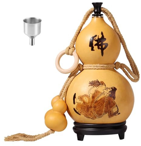 RSBFER Natural Dried Gourd Water Bottle, Hollow Calabash Chinese Pumpkin with Decorative Pyrography for Outdoor Activities and Home Decor,500ML