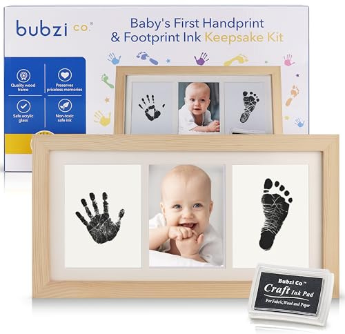 Bubzi Co Baby Handprint Kit & Footprint Photo Frame for Newborn Girls and Boys, Unique Baby Shower Gifts Set for Registry, Memorable Keepsake Decorations for Room Wall or Nursery Decor (Natural Wood)
