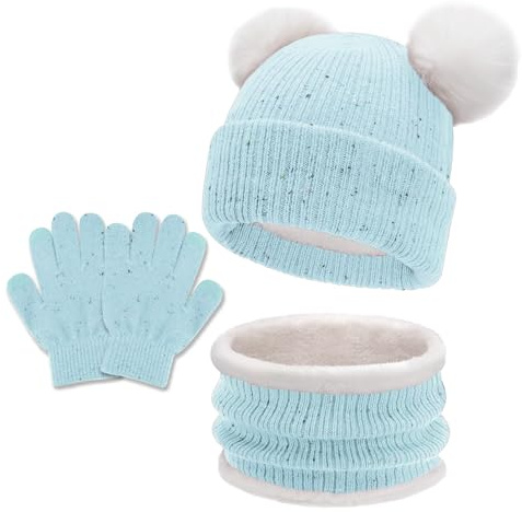 JFAN 3in1 Sombrero de Invierno Bufanda y Guantes para Niños Gorro de Punto para Bebés y Niños Pequeños Sombrero de Doble Pompón para Niñas y Niños 1-8 Años(Azul,Talla única)