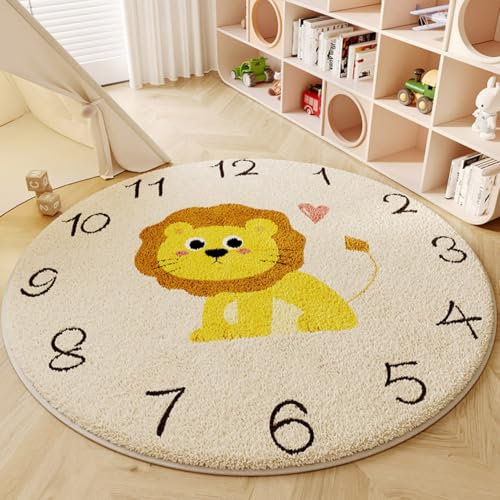 champracer Runder Weicher Kinderteppich, Cartoon Plüsch-Teppich für Kinderzimmer Jungen, Verdickte Lammwollimitat Teppich, Babyzimmer Teppiche Matte Runden Löwe für Schlafzimmer (Zahlen Löwen,100cm)