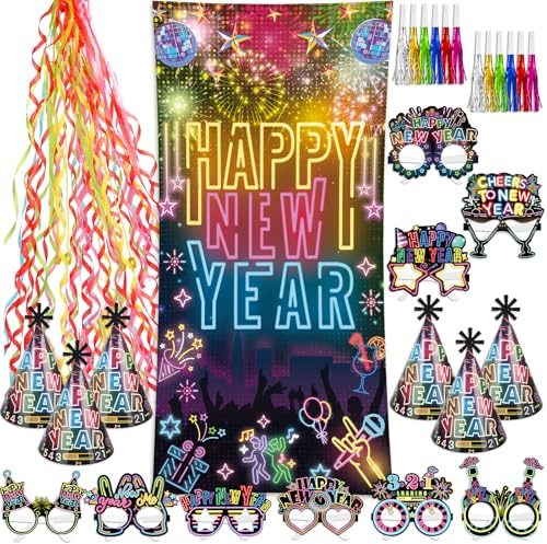 DPKOW 58 x Neon 2026 Silvester Deko Accessoires, Brillen Partyhüte Silvester Luftschlangen Wurf Hintergrund Banner Happy New Year Deko Partytröten für 2026 Silvester Party Zubehör Set Gadget Neon