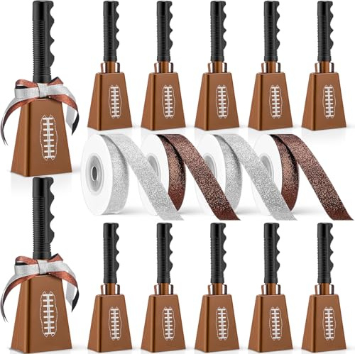 WinnerWhy 12 Pcs 9 Inch Cowbell with Handle Metal Cheering Cow Bells Noise Maker with 4 Rolls Ribbons Large Loud Cow Hand Bells for Sport Events Games Party Concert(Football)