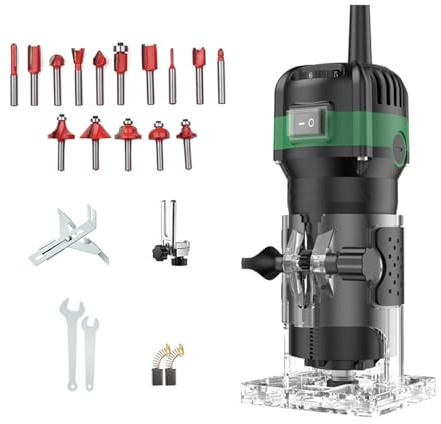 800W Router Trimmer, Weytoll 33000r/min Compact Palm Wood Router Tool, 6-Speed Adjustable, 6.35mm Chuck Diameter, Router Tool with 15Pcs 1/4'' Router Bits for Woodworking Slotted Boards and DIY, etc