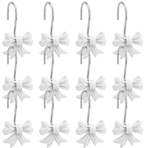 12 Ganchos para Cortina de Ducha con Lazo, Decorativos Baño Bonitos Anillos Metálicos para Baño Habitación de Bebé Guardería y Decoración Artística (Blanco)