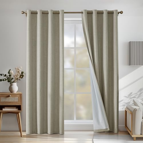 CYCMACO 100% Mörkläggningsgardiner 2 Stycken, 117x137cm, Linneeffekt, Värmeisolerade Interiörgardiner Med Ringar, Ljudabsorberande, Sovrumsgardin, För Vardagsrum, Naturlig