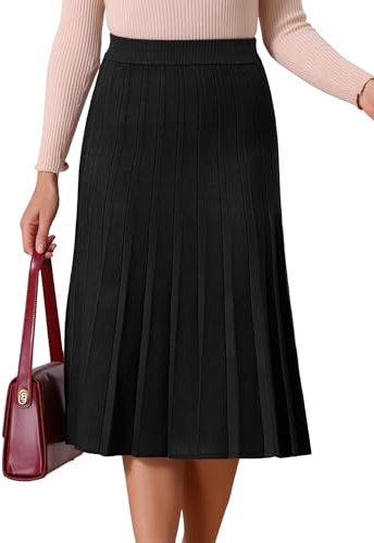 Seta T Women's Knit Pleated Skirt High Waist Stretchy A Line Midi Sweater Skirt Winter Outfits Black L