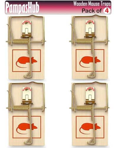 Traditional Small Wooden Mouse Traps 4 Pack, Strong Spring-Loaded Design, Reusable Pest & Rodent Control for Indoor Outdoor Use, 100x40 mm Size