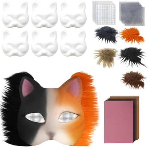 Salyeeluly Therians Masken Kit | Therians Masken Basteln Set mit Blanko Katzenmaske, Kuns Fell und Filztuch | Furry Tiermasken Katzenmasken für Halloween, Karneval und Make up Cosplay Party