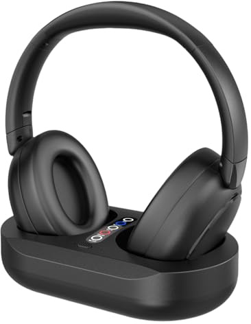 Tosuny Kabellose Kopfhörer für Fernsehen, TV Kopfhörer Kabellose für Senioren mit Ladebasis, Optischer und 3,5mm Schnittstelle, Bluetooth5.3 Keine Audioverzögerung, 50H Spielzeit (Schwarz)