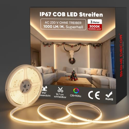 Shine Decor COB LED Streifen 3m, AC 230V IP67 Wasserdicht Flexible LED-Neon Lichterketten, 432 leds/m Ultrahelle Strip Light Band für Innen Außen Beleuchtung (3000K Warmweiß,CE Zertifiziert)
