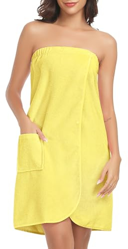 Lovasy Albornoz para Mujer Toalla de Envoltura de Spa Albornoces de Casa Mujer de Baño con Bolsillos, Botón de Presión y Banda Elástica Ajustable,Amarillo,L