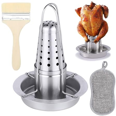 Rôtissoire à Poulet Barbecue en Acier Inoxydable, Support à Poulet pour Canette de Bière, Grille Poulet Vertical, Support à Volaille en Fonte Démontable, Récipient Aromatique Amovible, Bac d'Égouttag