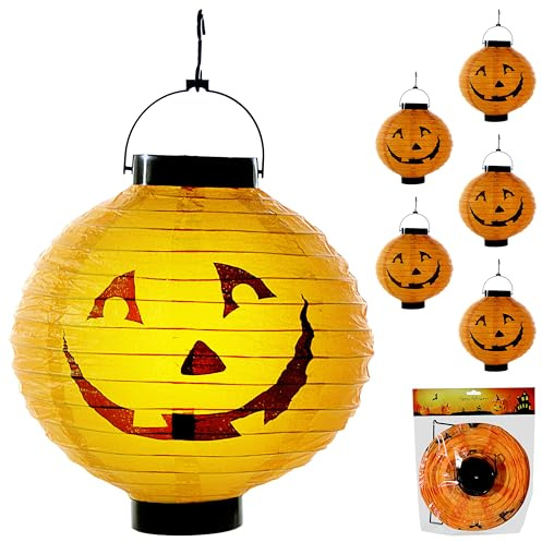 Cepewa LED Papier Lampion Kürbis 6er Set | Ø 20cm Kunststoff Papier orange | Halloweendekoration zum Aufhängen