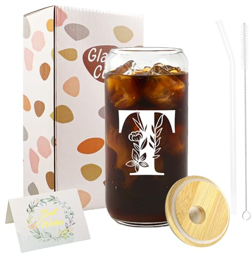 A-Z Initial Personalised Gifts for Women, Birthday Coffee Glass Cups Gifts Set, 16oz Iced Coffee Glass Cup with Lids and Straws, Iced Coffees Cup for Women, Mum, Teachers, Friends, Best Friend (T)
