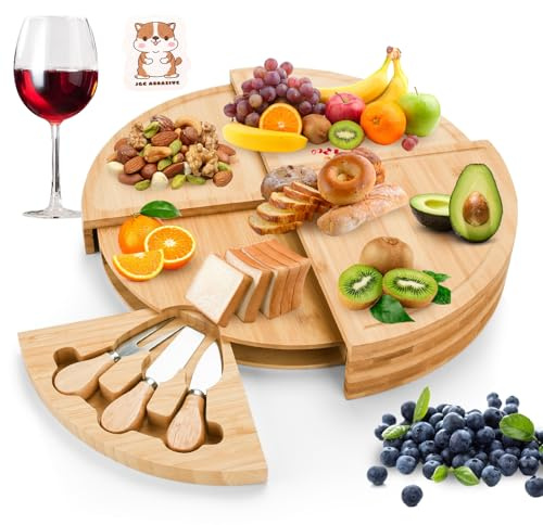 BBWELL Plateau à Fromage en Bambou,Planche à Fromages,Plateau Fromage Bois,Bambou élégant en Bois - avec Ensemble Couteau et Fourchette - Planche à Charcuterie pour Apéritif - Cadeau de Noël
