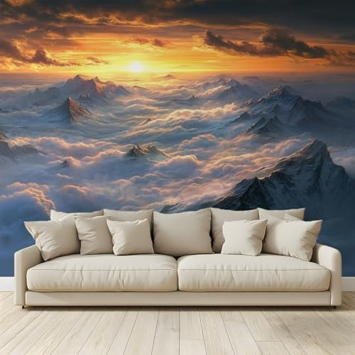 Papel pintado 3D fotomural puesta de sol mar de nubes montañas y mar murales para sala de estar sofá TV hotel temático pasillo de lujo fondo pintura mural 200 cm (L) x 140 cm (H) (126)