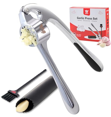SAFI Garlic Press Set - Premium Zinc Alloy Garlic Mincer Efficient Garlic Crusher & Presser Heavy-Duty Rust-Proof Garlic Masher Kitchen Tool With Garlic Peeler & Brush Home & Kitchen Essential Gadgets