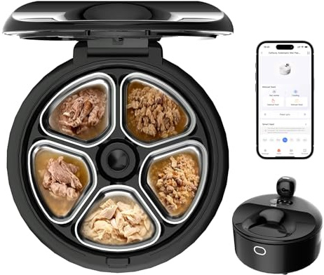 Cayboxy Automatic Cat Feeder Wet Food，Monitored Automatic Feeder Two-in-One, Refrigerated Auto Cat Feeder with Semiconductor Cooling, 5 Fresh Meals, App-Controlled, Easy to Clean（black）