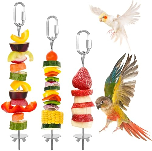 Xinjoduz 3 pinchos para pájaros de acero inoxidable para loros - Frutas y verduras titular de comida para pájaros, pájaros, loros, periquitos, verduras, herramienta de fruta, 3 unidades