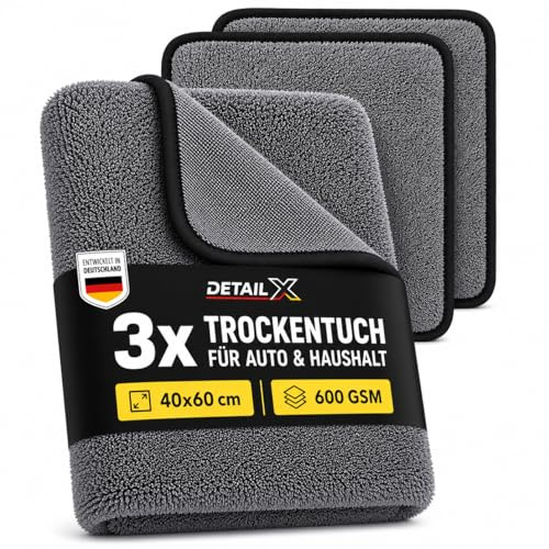 Detail X® XXL Trockentuch – Schnelltrocknendes Streifenfreies Premium Auto Trockentuch & Duschhandtuch, Mikrofasertücher für Auto, Duschkabine, Haushalt, Camping (40 × 60 cm, 3er-Pack) Ultra Saugstark