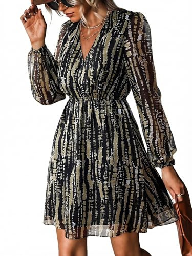 CUPSHE - Abito da donna con scollo a V, effetto avvolgente, maniche lunghe trasparenti, motivo floreale, per il tempo libero, mini abito wrap, S