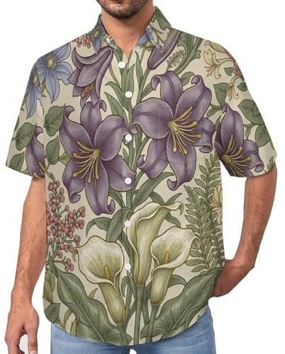 Chemise Homme Manches Courtes - Chemises Ete Motif Lys Tulipes Violettes Fleurs Artistiques Col Revers, Décontracté Chic Léger Confortable, Extérieur Streetwear Blouse
