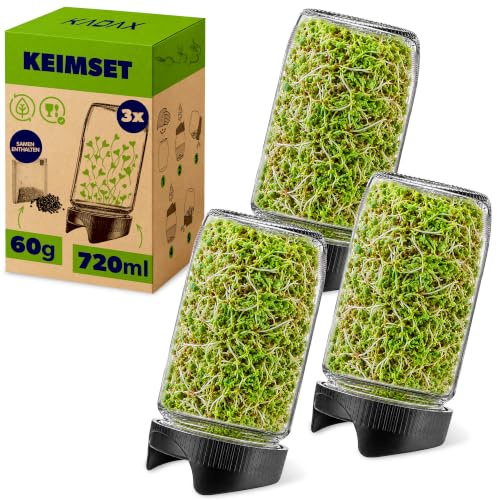KADAX Sprossengläser 720 ml, 3er Set, Keimgläser mit Siebdeckel Ø 82 mm, Sprossen Anzuchtset, Anzuchtgläser für Brokkolisprossen, Keimset, inkl. Radieschensamen