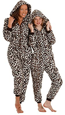 Camille Childrens Super Soft Fleece Onesie - Hooded All In One - Long Sleeved and Full Length with Elasticated Cuffs and Ankles Brown Snow Leopard Print 9-11 Years
