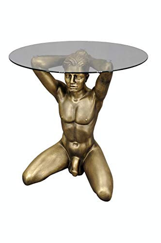 Antikes Wohndesign Runder Beistelltisch Glastisch Figurentisch Couchtisch Männerskulptur Erotiktisch Männer Akt Blumenständer Blumentisch Telefontisch (Gold Patina)