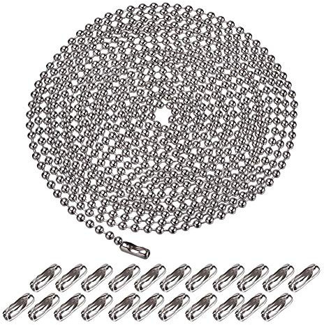 16.4 Feet Ball Bead Chain, Metal Beaded Pull Chain Extension with Connector Ball Chain Keychain Beaded Roller Chain with 20 Matching Connectors (3.2 mm, Silver）