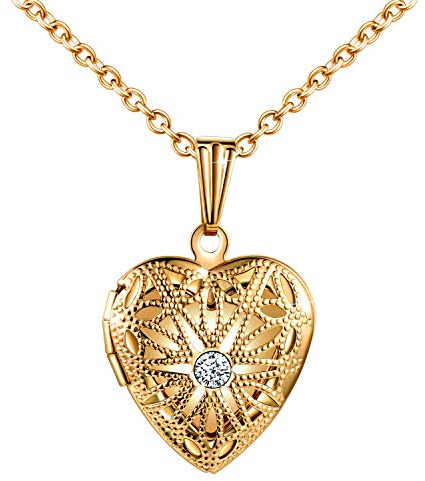 MicLee Damen Halskette Edelstahl Foto Medaillon Photo Bilder Amulett Weiß Zirkonia Silber/Rosegold/Gold Anhänger Herzkette mit Geschenkbox Grußkarte Super Geschenk für Mutter Tochter