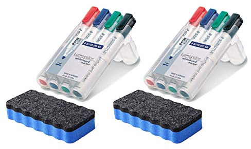 Staedtler 351 WP4 Lumocolor Whiteboardmarker, 4 Stück in aufstellbarer Staedtler Box, farblich sortiert im Bonus Pack mit blauem Löscher (Stifte + Löscher Blau, 2)