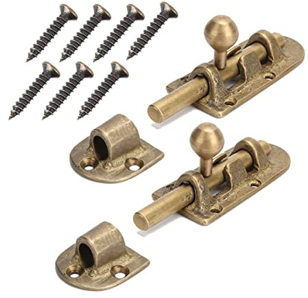 Buachois 2PCS Brass Door Latchs Home Security Antique Window Bolts Vintage Pure Copper Multifunction Buckle Sliding Lock Gate Sliding Bolt Latch Warehouse Internal Door