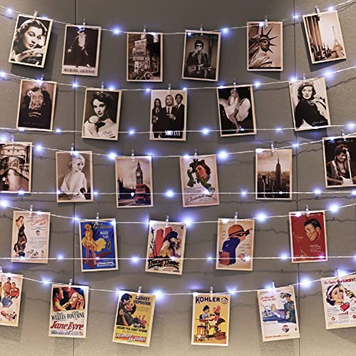 HXWEIYE 120 LEDs Fotoclips Lichterkette, 40ft USB, 8 Modi & Timer | Fernbedienung, 52 Klammern, 12 Haken an der Wand, Für Bilder Zimmer Weihnachten Hochzeiten (Weiß)