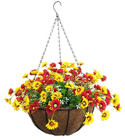 Home and Outdoor Schöne Seide DIY Künstliche Gänseblümchen Rot und Gelb Blumen Kette Blumenampel Blumentopf (mittelgroßer Korb)