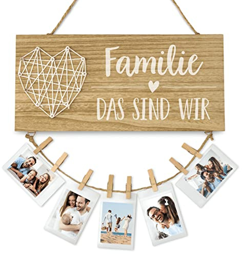 Familie, das sind wir | Fotocollage, Wand Deko, Familie | Holzschild mit Spruch, Fotoseil und Klammern | Tolles Geschenk zum Muttertag, Geburtstag oder Weihnachten