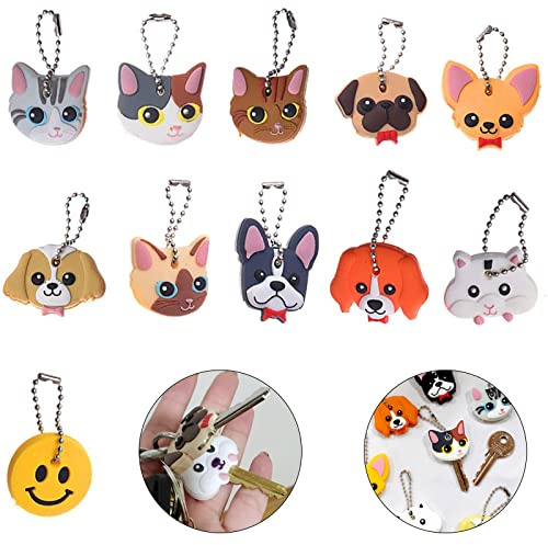 Aswewamt 11 Pcs Dog and Cat Key Caps Silicone Key Ring Cap Cute Head Cover Keychain Case Shell Animals Shape Key Caps Covers Tags Handy Key Ring Holder for Distinguishing Keys