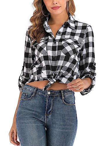 Camisa Cuadros Algodón Mujer Franela Camisa Leñador Blusas Basiccon Botones Camisetas Cuello V Manga Larga Oficina Básico Vintage Western Casual Blanco Negro L
