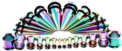 AmDxD 28 piezas dilatadores de túnel de acero inoxidable, flexibles, delgados, dilatadores elásticos, pendientes cónicos, aros plateados, faldas para unisex, Acero inoxidable, Sin circonitas