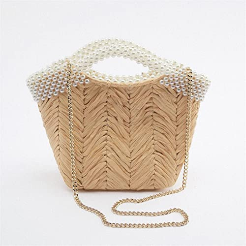 Strohtasche Damen Sommer Lady frische und süße Perle Griff Strohbag Damenbag Umhängetasche Crossbody -Tasche