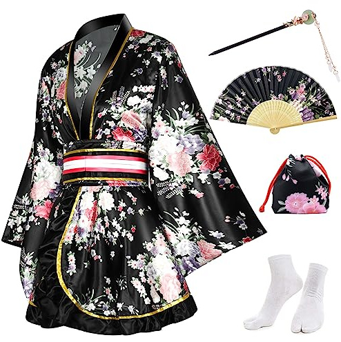 PLULON 5 Pezzi Abito Kimono Giapponese da Donna Abito Kimono Corto con Stampa Floreale Sexy Geisha Yukata Accappatoio in Raso con Accessori
