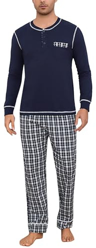 Litherday Pigiama Uomo Invernale Cotone Due Pezzi con Maglia Girocollo e Pantaloni Scozzesi Lunghi Comodi con Tasche per Casa Stile B-Blu Scuro L