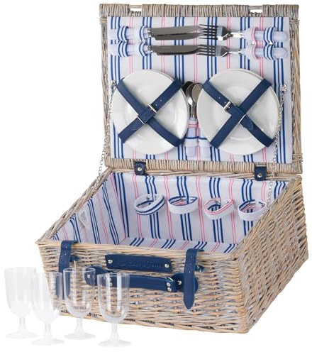 CampFeuer Picknickkorb 4 Personen mit Geschirr-Set | 21-teilig | Picknickkoffer, Weidenkorb mit Kunstlederriemen | Picknicktasche, Picknick Set, Picknickzubehör, Komplettset, Weidenkoffer