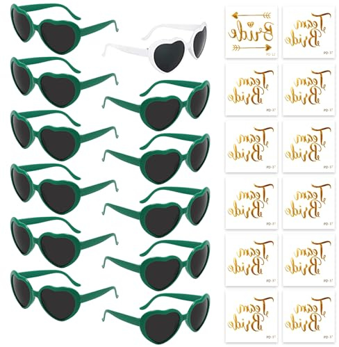 Partybrille Herz Sonnenbrille,12 Bride to Be Herz Sonnenbrille und 12 Team Bride Tattoo Aufkleber,Party Sonnenbrille Team Bride,Hippie Herzförmige Brille,JGA Partybrillen und JGA Deko Accessoires