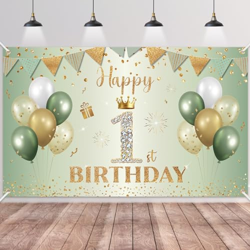 1.Geburtstag Banner Grün Gold,BTZO 1.Geburtstagsbanner,Deko 1 Geburtstag Dekoration Banner Hintergrund für 1 Mädchen und Jungen Geburtstagsfeier Deko