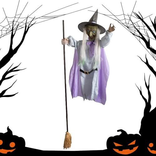 Decoración De Halloween De Bruja Voladora En Escoba - Bruja Flotante De Halloween De 6 Pies En Escoba | Brujas Realistas De Halloween, Decoración Espeluznante De Bruja Voladora, Escoba De Bruja Animad