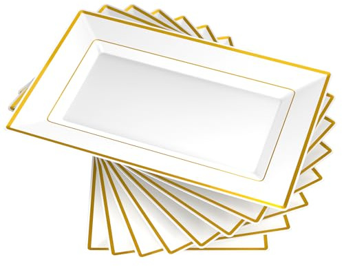 FOCUSLINE 8 PCS Plastic Serving Trays, White and Gold Rim Plastic Serving Platters, Disposable Tray for Food, Perfect for Wedding Parties