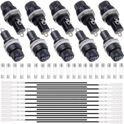 Xiatiaosann 10 Stück Sicherungshalter für Schalttafelmontage 5x20mm 250 VAC 10A, 125VAC 15A schwarzer Sicherungshalter mit Schraubverschluss und flinker Sicherung für Radio automatische Stereoanlage
