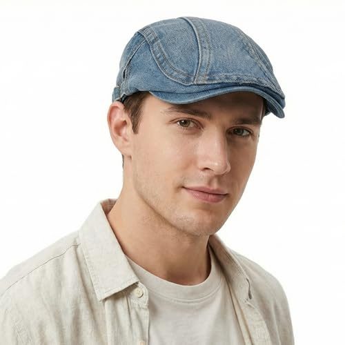 HIQIU Jeans Schiebermütze Herren - Verstellbar Gatsby Flatcap aus Denim Schirmmütze Damen Efeu Hut Newsboy Cap Baskenmütze